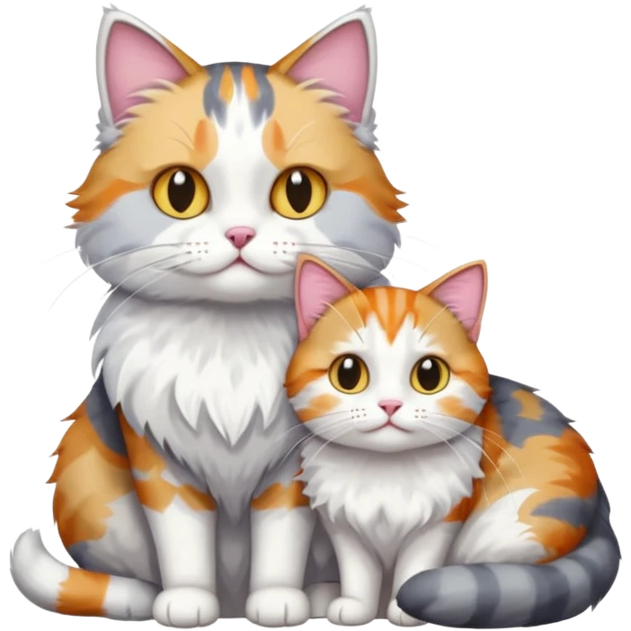 full body colourful light patched calico + white tabby cat cuddling a big grey and white cat  emoji