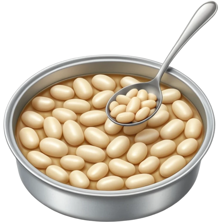 open tin can filled with plump glossy white beans in light slightly starchy broth, smooth oval beans gently piled with natural glisten, metallic shallow partially opened can, no label spoon or garnish, soft lighting, subtle shadows, emoji scale emoji