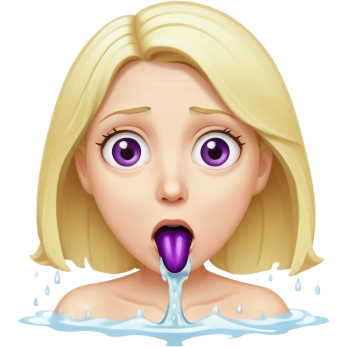blond woman with wide eyes, eggplant squirting water straight into her mouth, shocked face emoji
