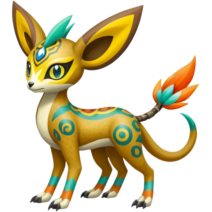Tribal Colorful Exotic Fionbri-Kalon-Falvie-Vernid-Meloetta-Pokémon-Fakémon-Digimon-Spectrobe-hybrid-fusion, full body emoji