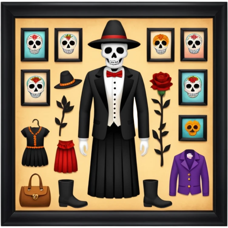 Day o the death, missing people(not found), movie, museum,,culture,museum in mexico, clothes o missing people,, witchcraft emoji