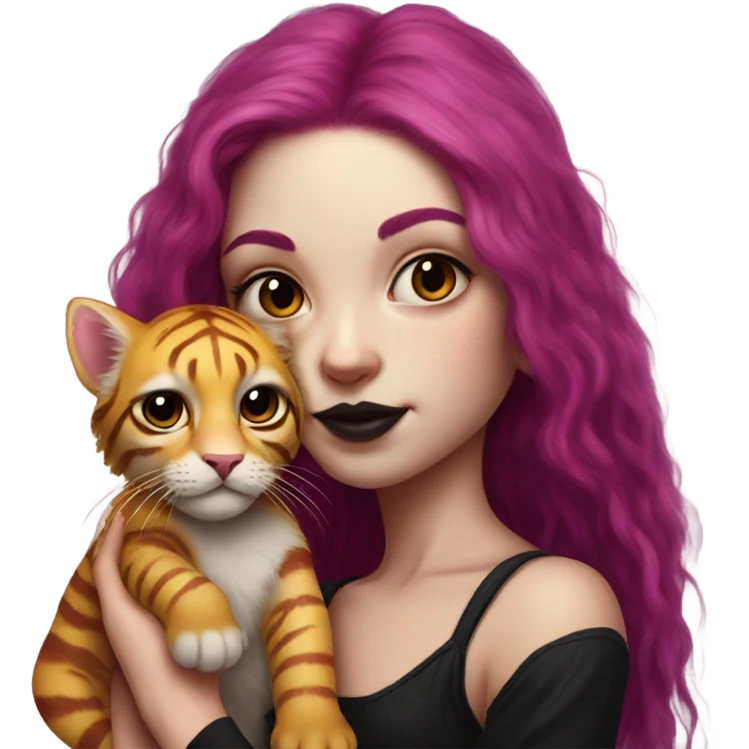 realistic portrait of girl with Long magenta Hair and gothic make up with her fluffig golden Tiger kitten emoji