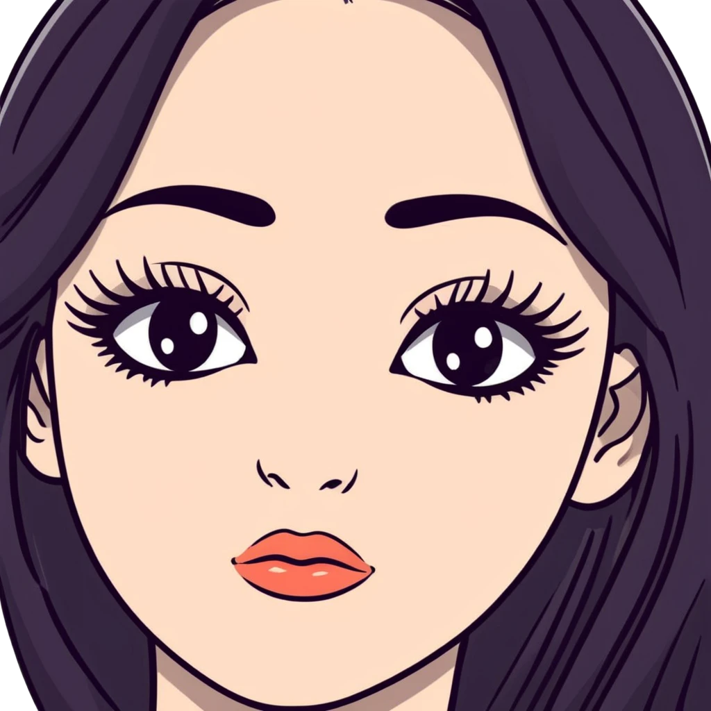 White girl with long oval face, huge round black eyes, big eyelashes, no makeup, natural lips, face closeup, long straight black middle-parted hair emoji