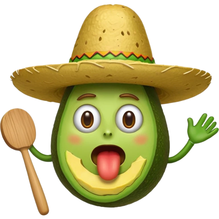 surprised avocado in guacamole wearing a sombrero with a mallet in motion above its head, whack-a-mole action, iOS emoji style emoji