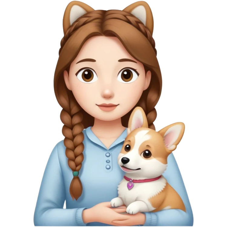 The girl with brown hair in a single braid is holding a white corgi emoji