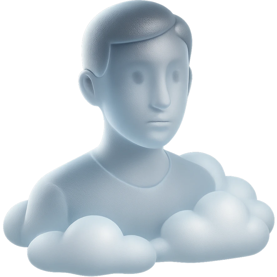 person looking straight ahead, shoulders immersed in white fluffy convex clouds, matte glass style, transparent background emoji