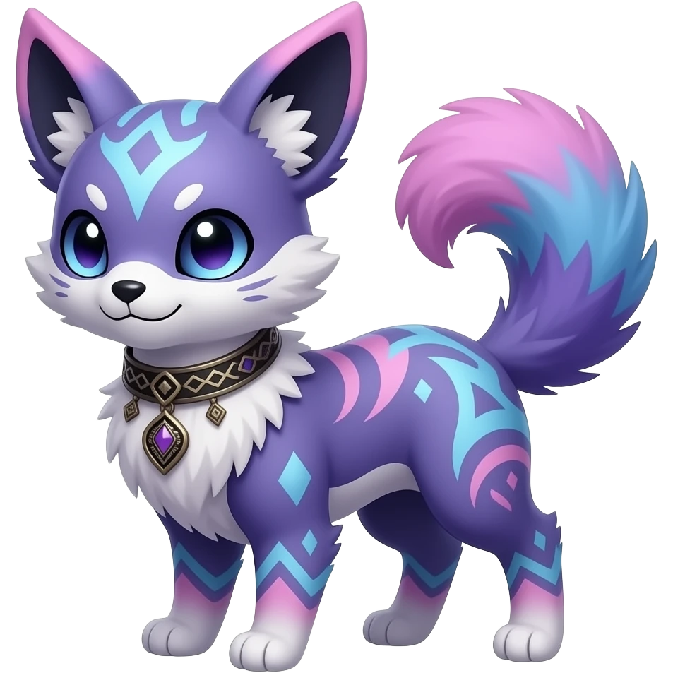 Rare colorful bluish purplish pinkish gradients furry fuzzy silvery exotic cute epic aesthetic gothic colorful Salandit-Eevee-Civet-species-Fakemon-hybrid-creature, with a collar, and with intricate tribal markings, full body emoji