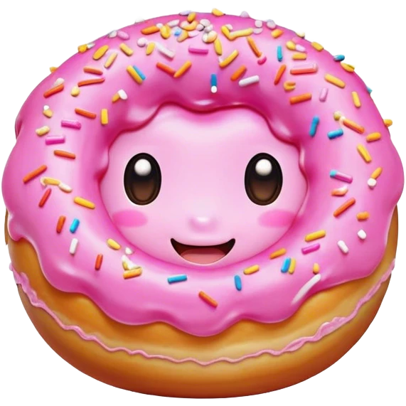 Cinematic tiny happy donut, round and fluffy, golden brown with pink icing and sprinkles, tiny adorable face with blushing cheeks, warm glowing background. emoji