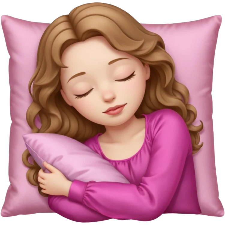 sleeping girl with pale skin and light brown wavy hair with a pink silk pillow emoji