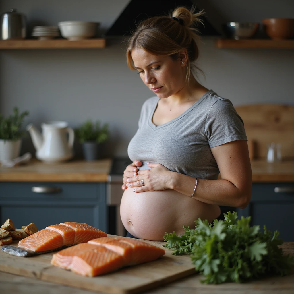 realistic pregnant woman in 4K cooking at home, setting aside raw salmon and choosing well-cooked fish, protective expression towards belly emoji