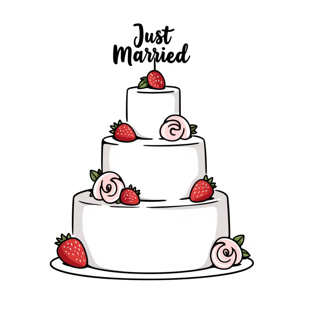 white wedding cake with strawberries, pink roses, 'Just Married' topper, hand drawn doodle style emoji