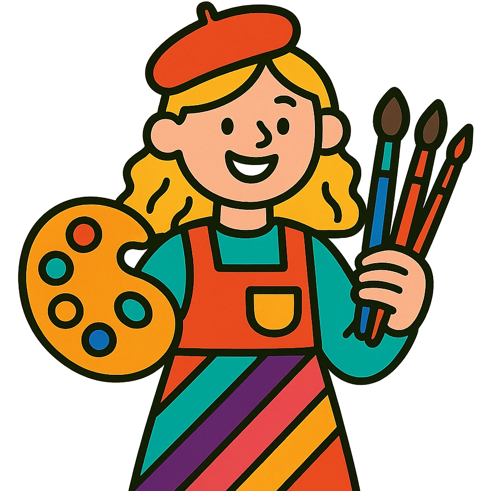 creative blond girl, holding art supplies, cheerful smile, colorful outfit, artistic vibe emoji