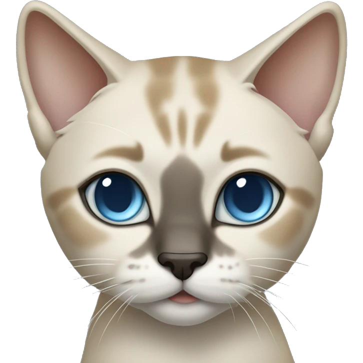 Thai breed cat with a light cream-brown body, dark gray nose and face, ears, and paws. sharp ears, and striking light blue eyes  emoji