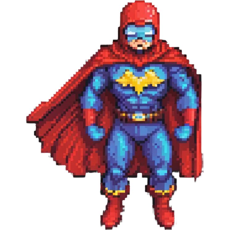Omni-Man from Invincible, action pose, red cape, iconic mustache, superhero costume, pixelated details, pixel art style emoji