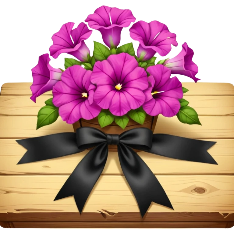 A lush bouquet of bright light margenta color petunia black satin ribbon, resting on an antique wooden table, with a pale yellow and pink plaid pattern table cloth emoji