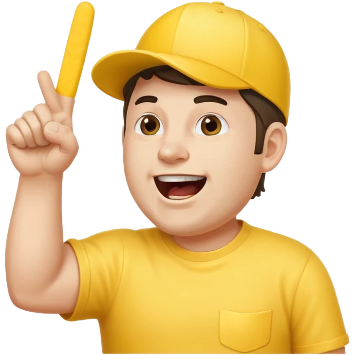 A stocky man with a cap backward, shouting proudly while pointing the foam finger upward. emoji