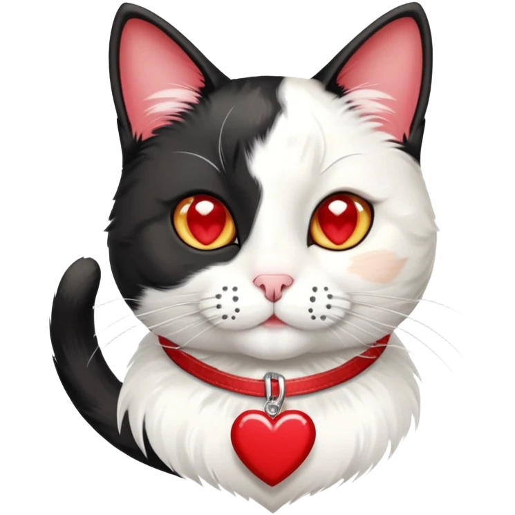 tuxedo cat with red leash and heart pendant, white fur only on mouth, small diamond spot above nose emoji