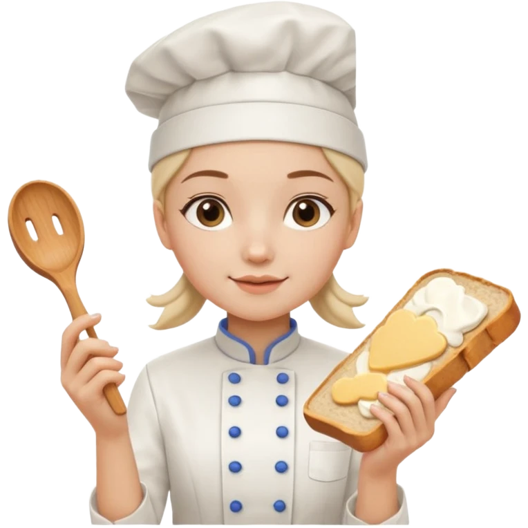 Young female baker - white chef hat, holding cream piping bag to milk oil on bread emoji