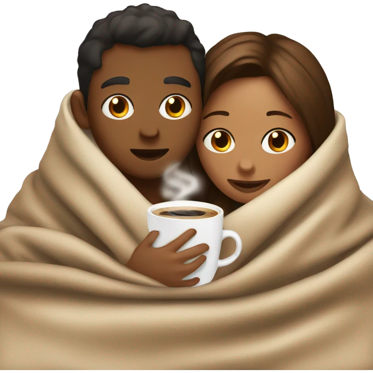 TAN SKIN GIRL AND BROWN SKIN BOY inside a blanket sipping coffee emoji