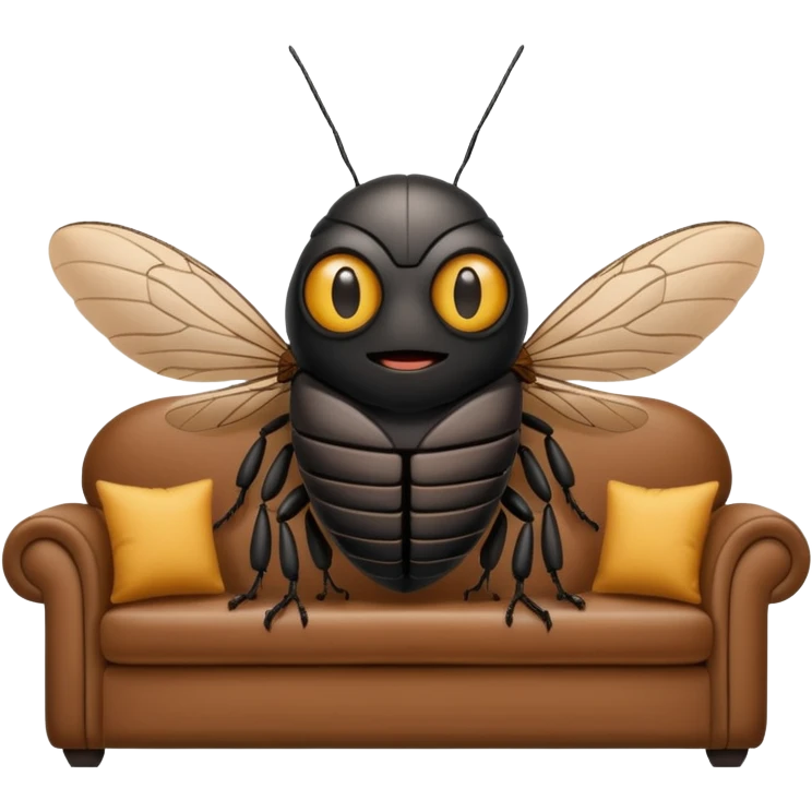 Black Cicada cartoon style watching on a phone sit on a brown sofa  emoji