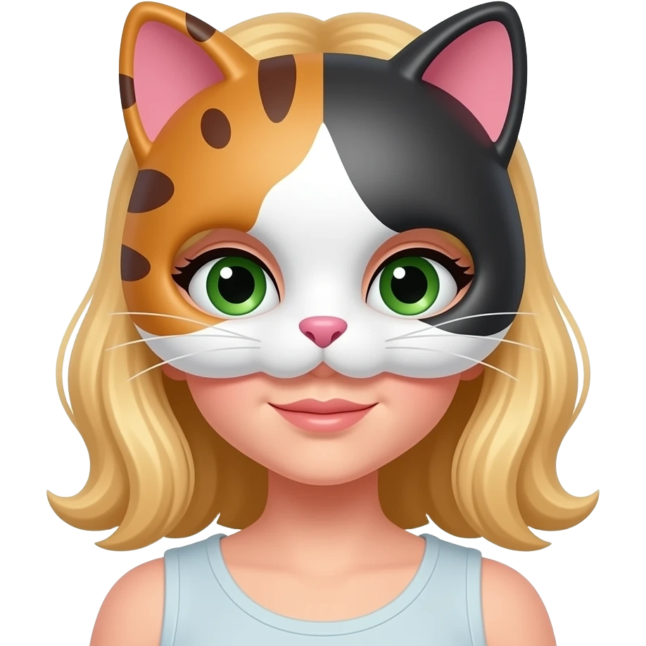 A girl wearing a calico cat cat mask on her face with blonde hair and green eyes emoji