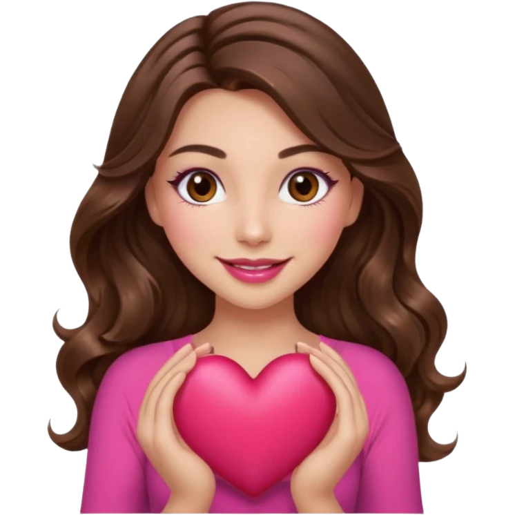 girl with long wavy brown hair, brown eyes, long lashes makeup, sexy pink lips, light to medium complexion, wearing a pink sexy top, smiling, holding a big heart with both hands emoji