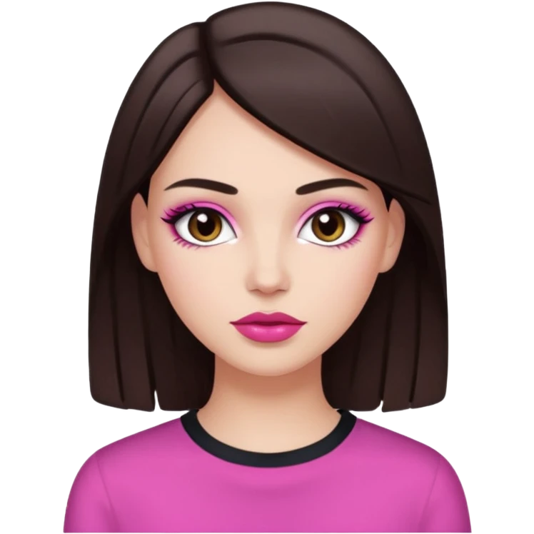 White girl with straight dark brown hair and dark brown eyes, pink lips, "clean girl" makeup  emoji