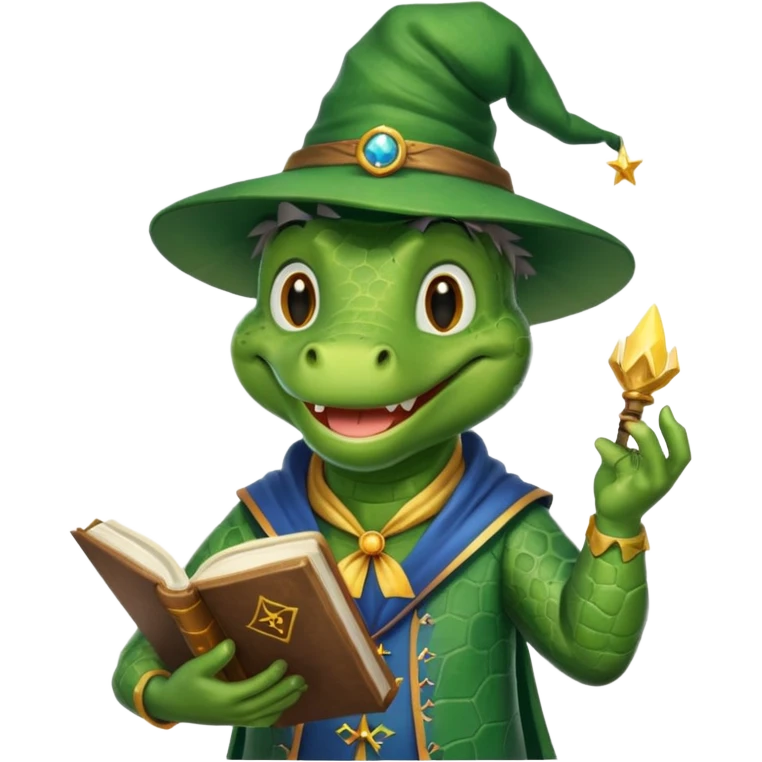 happy alligator wizard, holding a magic book, cheerful expression emoji