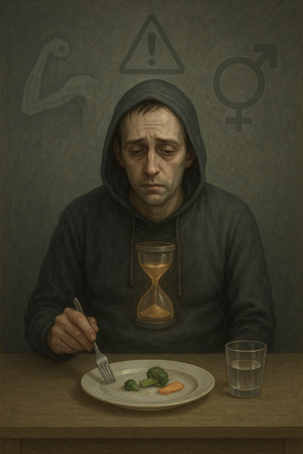 Undereating man in his 30s sitting at a table with a very small meal, looking fatigued and cold, wearing a hoodie indoors. His body appears skinny but soft, lacking muscle tone. Pale complexion, tired eyes, posture slouched. A faint hourglass inside his body glows dimly, symbolizing slowed metabolism. In the background, warning signs or ghostly outlines of potential health risks like muscle loss and hormonal imbalance. Mood: somber, undernourished, risky behavior. emoji