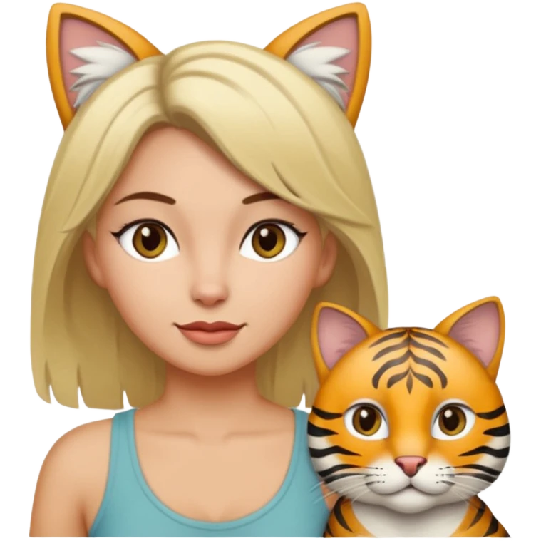 Une femme avec les cheveux dégradée, brun et blond, qui fait un câlin à son chat gris, tigré avec les extrémités que pattes et pointe d’oreilles noires et le dessous du menton blanc emoji