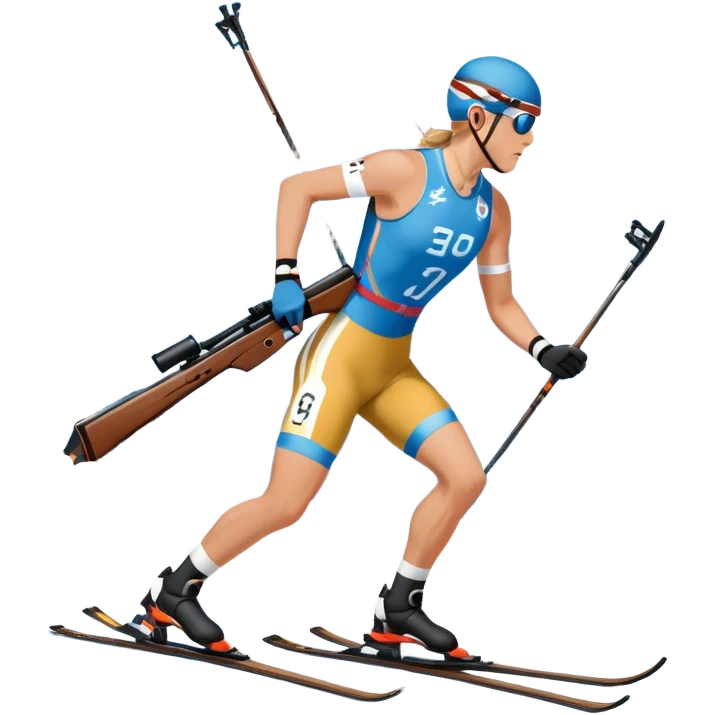 An icon featuring snow-covered trees, distant mountains, and a clear blue sky with a biathlete in motion, holding a rifle and skiing across a snowy course. Transparent background highlights the precision, endurance, and excitement of biathlon. emoji