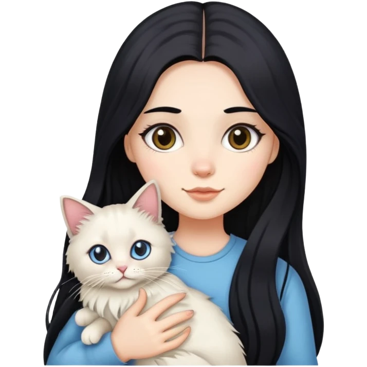 A girl with long black hair holding a cute Ragdoll cat emoji