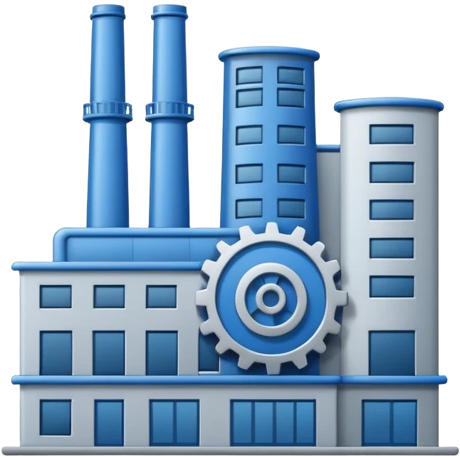 "A minimalist vector icon of a modern manufacturing factory building with a gear symbol above it. Blue and grey color scheme, flat design, white background, simple thick lines, professional business logo style." emoji