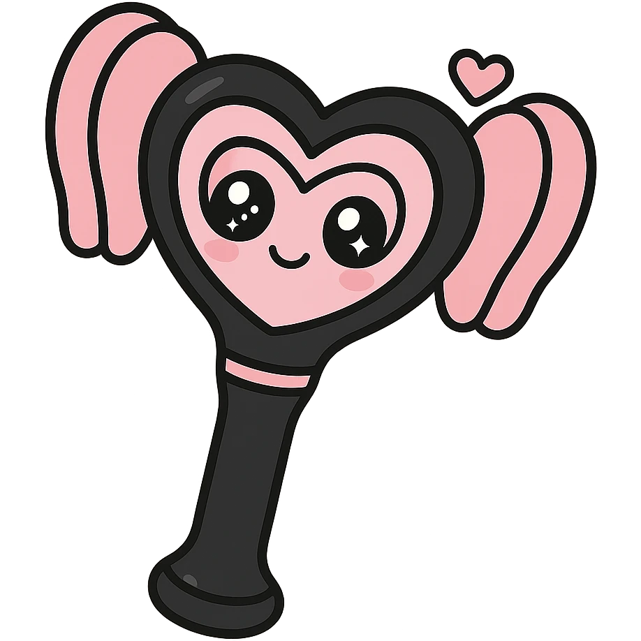 kawaii style magical gothic lightstick inspired by BLACKPINK, cute face, black and pink colors, sparkling eyes, heart accents, playful and iconic emoji