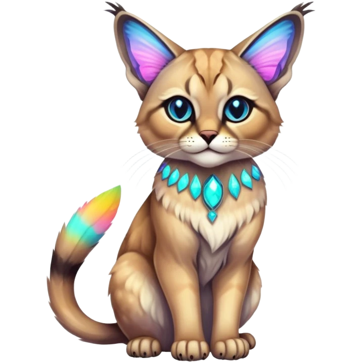 Colorful Neon exotic iridescent tropical shiny Fantasy-Siamese-Bobcat-Caracal-Moth-Scottish-Fold-feline-Fakémon-feline-hybrid (full body) emoji