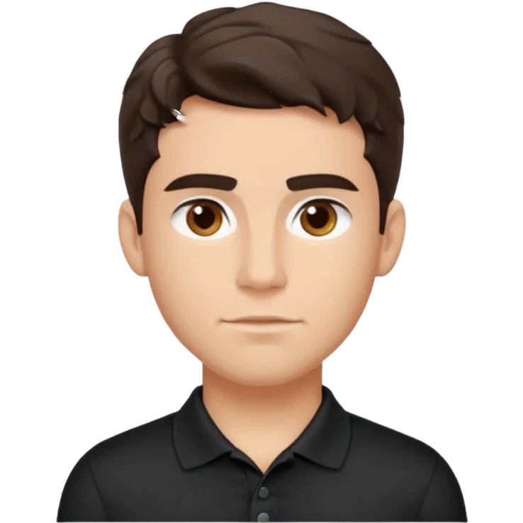 He’s a man with light to medium skin, a defined oval face, full brows, deep-set eyes, and wavy short dark brown tall hair styled with height, sides are trimmed. muscular. expression calm and focused relaxed black polo shirt. polished, articulate, and coach vibe. emoji