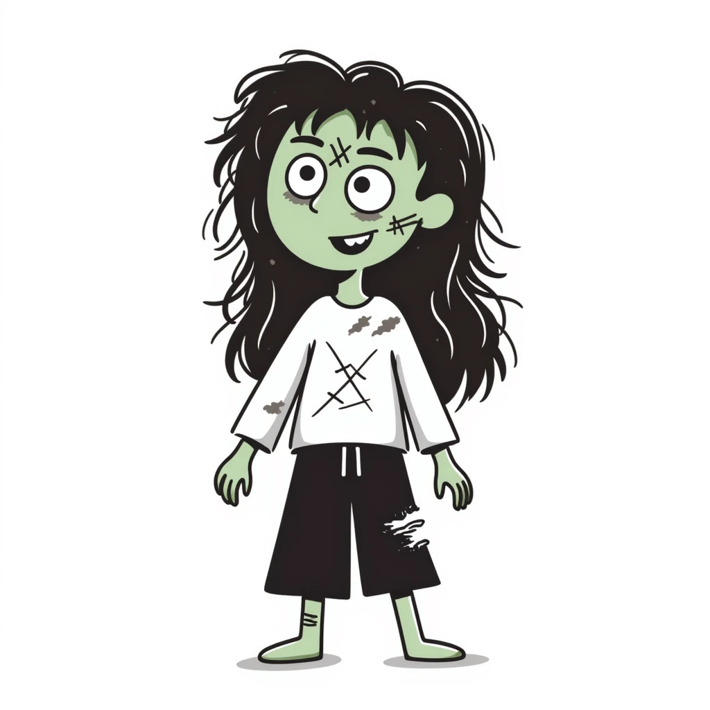 Girl zombie with messy long brown hair, stitches on face, pale green skin, and torn clothes emoji