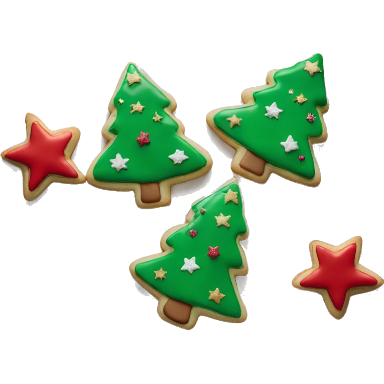 3 Christmas cookies shaped like stars and trees with red, green, and white icing, sprinkled with edible glitter emoji