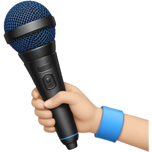 hand holding black stage microphone with blue strip on bottom emoji