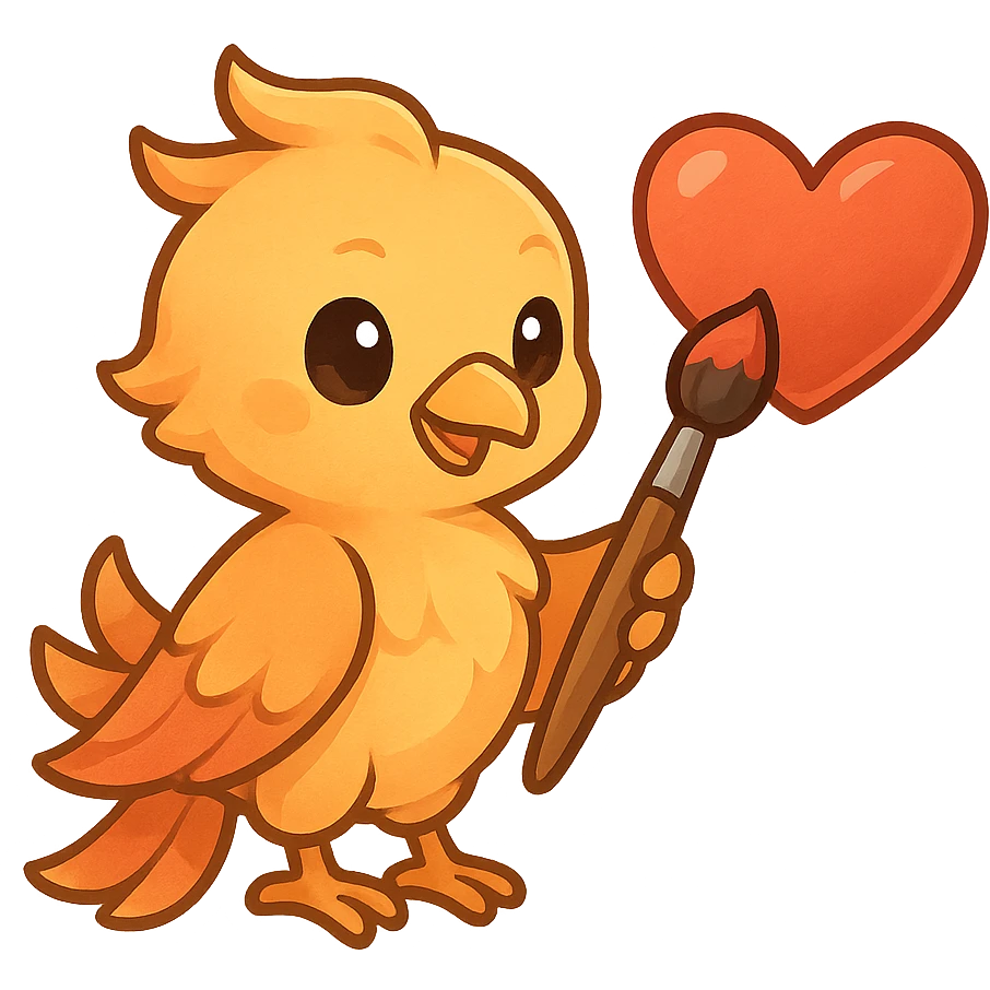 A phoenix holding a brush, painting a heart emoji, creative and hopeful atmosphere, soft gradient colors emoji