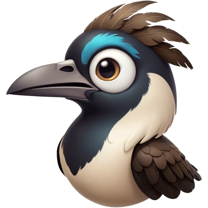 Cinematic Comical Magpie Portrait Emoji, Head tilted dramatically with an exaggeratedly shocked expression, featuring a vibrant, glossy form with wide, comically expressive eyes full of playful disbelief and a subtly animated beak, Simplified yet hilariously expressive features, highly detailed, glowing with a slightly sassy urban glow, high shine, dramatic yet playful, stylized with an air of cheeky mischief, soft glowing outline, capturing the essence of a meme-worthy magpie that looks ready to side-eye its way into viral fame! emoji