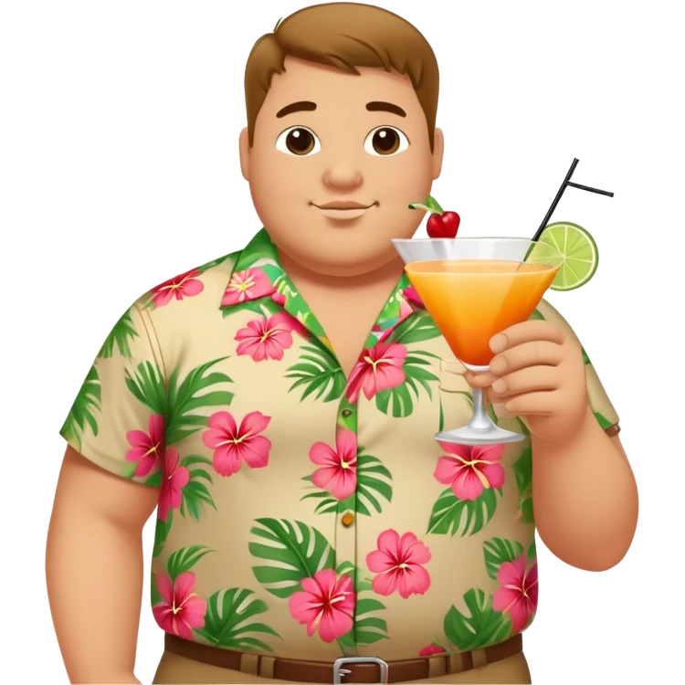 chubby guy full figure in a flowered hawai shirt holding a cocktail emoji