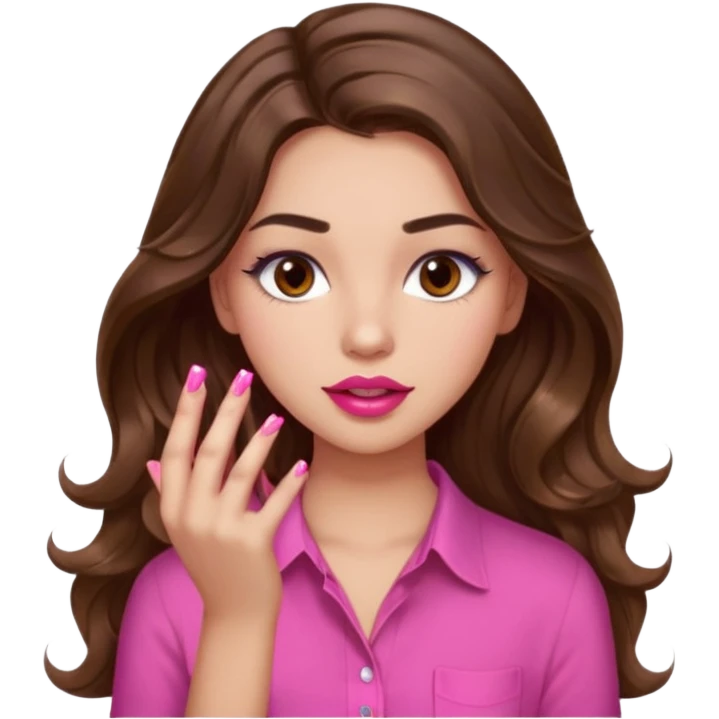 girl with long wavy brown hair, brown eyes, light to medium complexion, in a pink shirt, pink lips, long lashes, puckered lips, showing off painting nails emoji