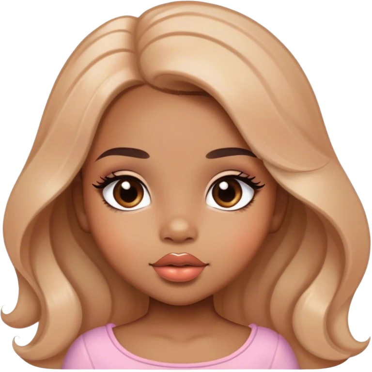 Glamourous, light brown skin tone, very beautiful toddler, with big plump peach-beige lips, long long lashes, black wavy smooth long hair, straight parting hair, brown eyes emoji