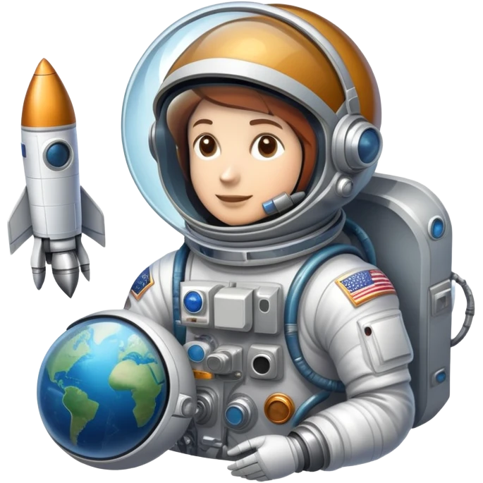 An icon featuring a rocket, a satellite, and an astronaut helmet, symbolizing aerospace technology. The design includes a spaceship, control panels, and orbiting satellites, representing space exploration and aircraft engineering. Transparent background highlights the innovation in aeronautic emoji
