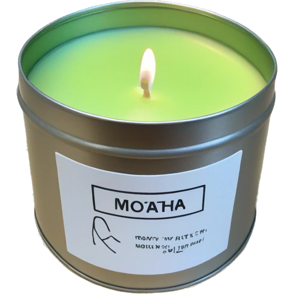 realistic lit matcha scented candle in a silver tin with a small white label that says ‘matcha’ emoji