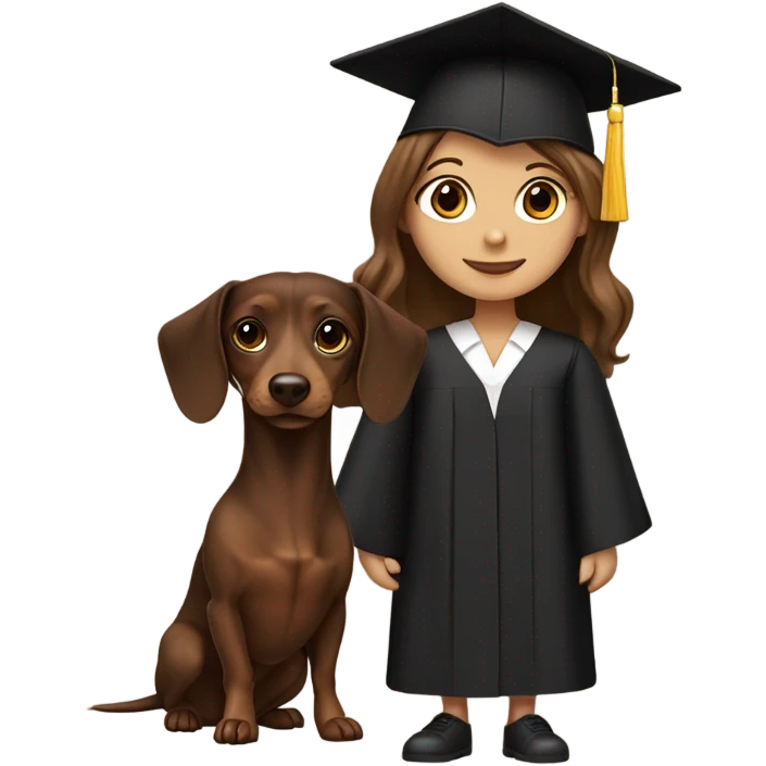 Brown haired white girl in graduation cap holding black and brown long haired dachshund  emoji