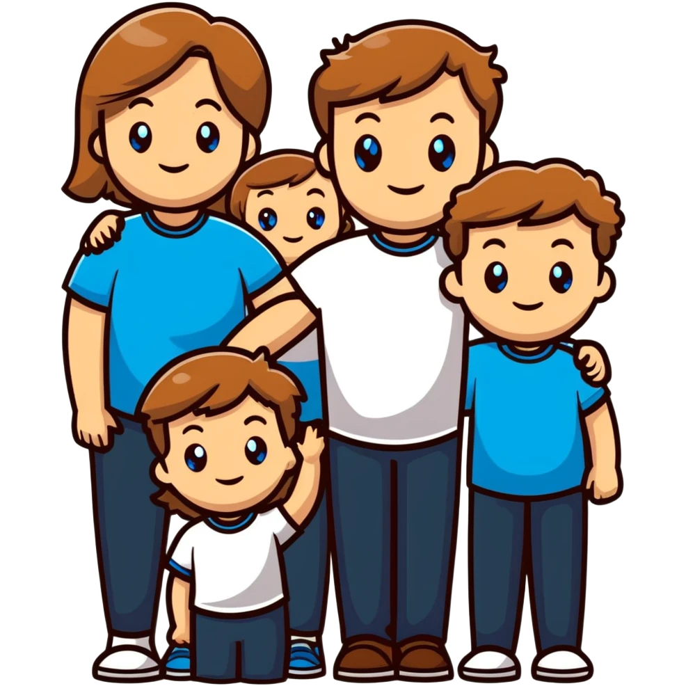 Family with mother, father and three little girls, everyone has light brown hair and blue eyes emoji