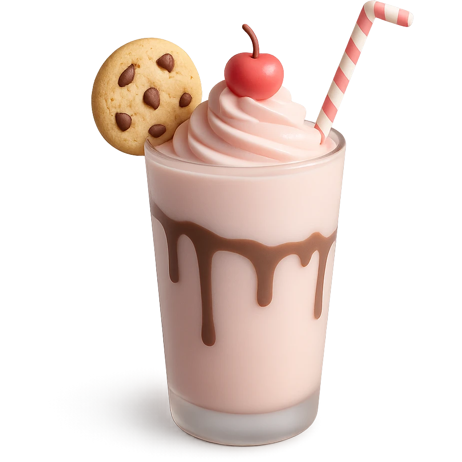 Make the 3D strawberry milkshake pastel colored with soft pinks and light tones. Keep the glass with chocolate drizzle, cookie on the rim, and cherry on top. Remove the background. emoji