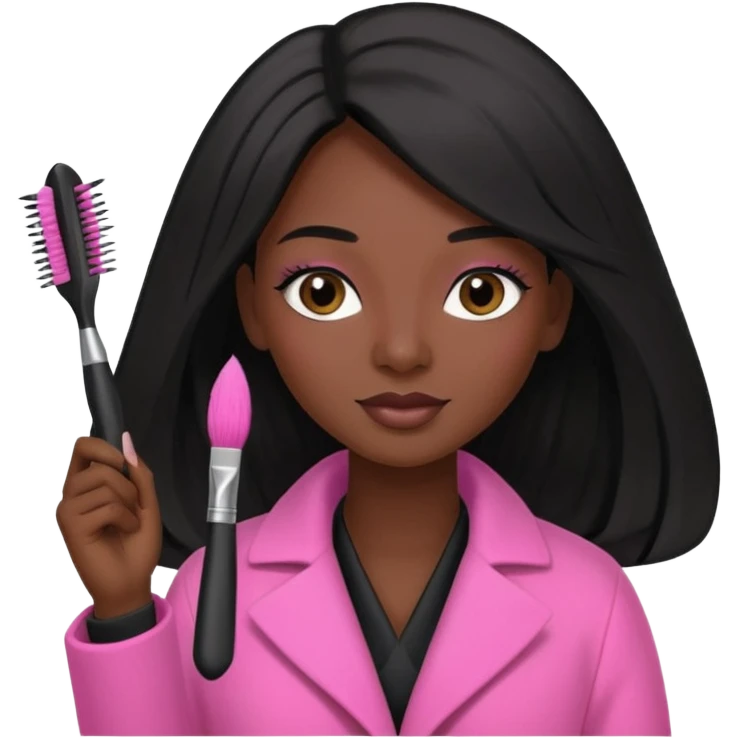 Cosmetologist, dark skin, long black hair, with cosmetology brush, and pink coat emoji